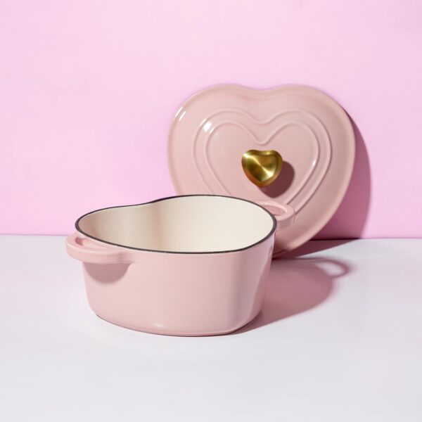 Paris Hilton Enameled Cast Iron Dutch Oven Heart-Shaped Pot with Lid, Dual Handles, Works on All Stovetops, Oven Safe to 500°F, 2-Quart, Pink - Image 3