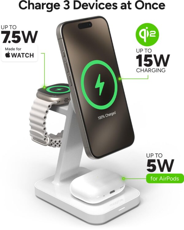 mophie Snap+ 3-in-1 Wireless Charging Stand - MagSafe & Qi2 Certified, Compatible with iPhone 16/15/14/13/12, Apple Watch, AirPods - Multi-Device Magnetic Charging Station, Eco-Friendly Design, White - Image 6