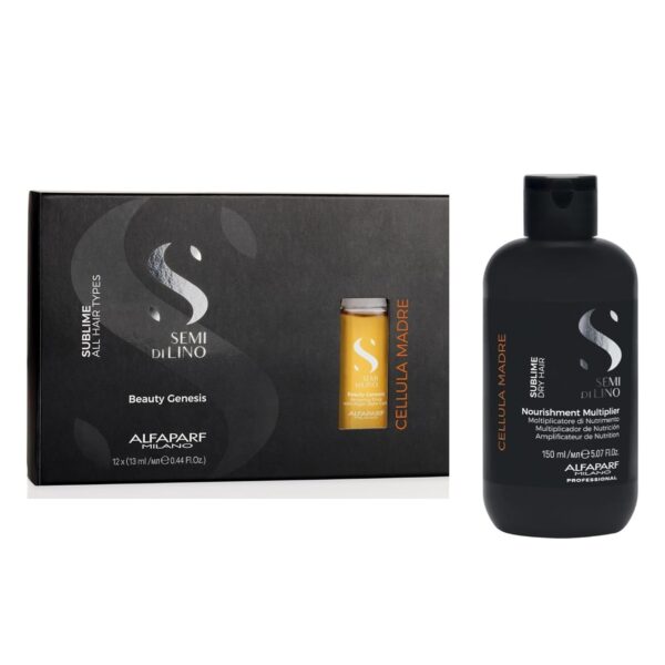 Alfaparf Milano Semi di Lino Cellula Madre Beauty Genesis and Nourishing Multiplier Set for Dry Hair - Nourishes Hair - Protects Color - Adds Shine - Protects and Enhances Cosmetic Color