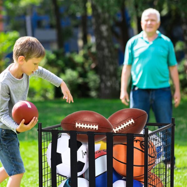 Rolling Sports Ball Storage Cart, Lockable Basketball Cage with Elastic Straps - Image 3