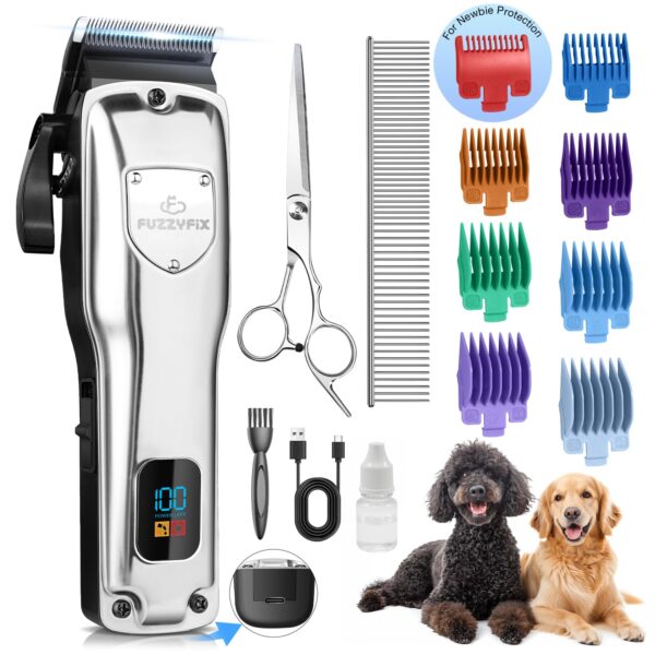 FuzzyFix Dog Clippers for Grooming for Thick Heavy Coats, Professional Pet Grooming Clippers Supplies Kit Low Noise Rechargeable Stainless Steel Hair Trimmer with Ceramic Blade for Dogs Cats Animals