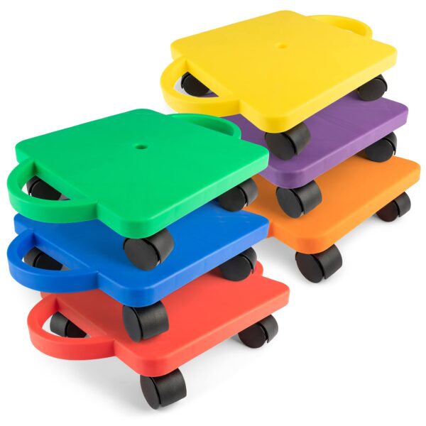 Champion Sports Scooter Board with Handles, Set of 6, Wide 12 x 12 Base - Multi-Colored