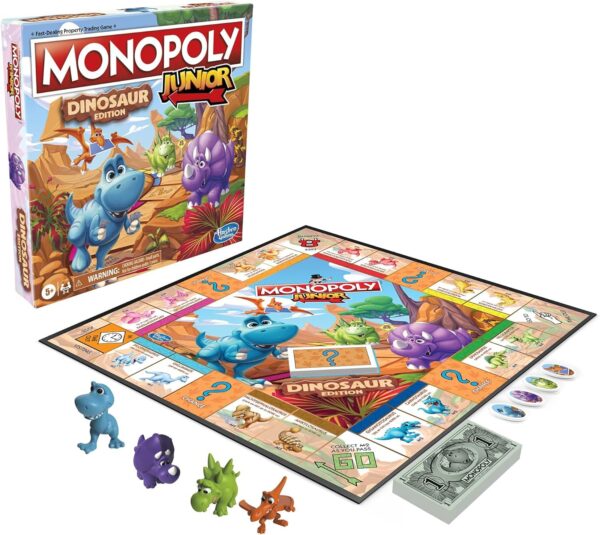 Monopoly Junior Dinosaur Edition Board Game, 2-4 Players, with Dino-Themed Toy Tokens,