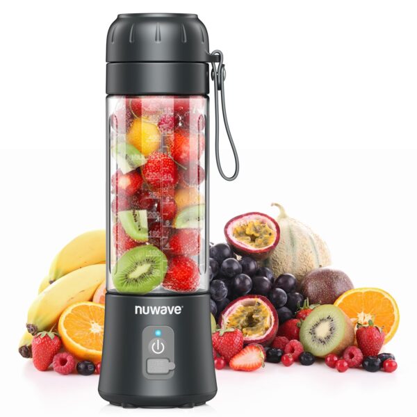 NUWAVE Portable Blender for Smoothies and Shakes, 16 OZ On-The-Go Small Juice Blender with 6 Blades, Rechargeable Mini Blender, BPA-Free, Self-Cleaning, Leak-Proof Lid, for Gym, Home Kitchen, Office