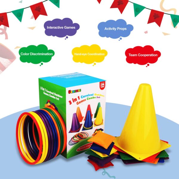 unanscre 31PCS 3 in 1 Carnival Outdoor Games Combo Set for Kids, Soft Plastic Cones Bean Bags Ring Toss Game, Gift for Birthday Party/Xmas - Image 6