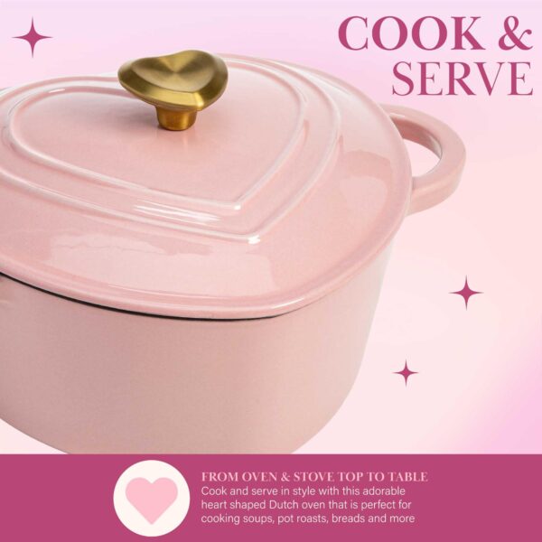 Paris Hilton Enameled Cast Iron Dutch Oven Heart-Shaped Pot with Lid, Dual Handles, Works on All Stovetops, Oven Safe to 500°F, 2-Quart, Pink - Image 8