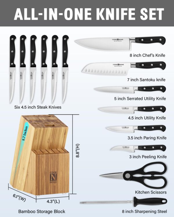 Cook N Home Kitchen Knife Set with Bamboo Storage Block 15-Piece, High Carbon Stainless Steel Blade, Black - Image 8