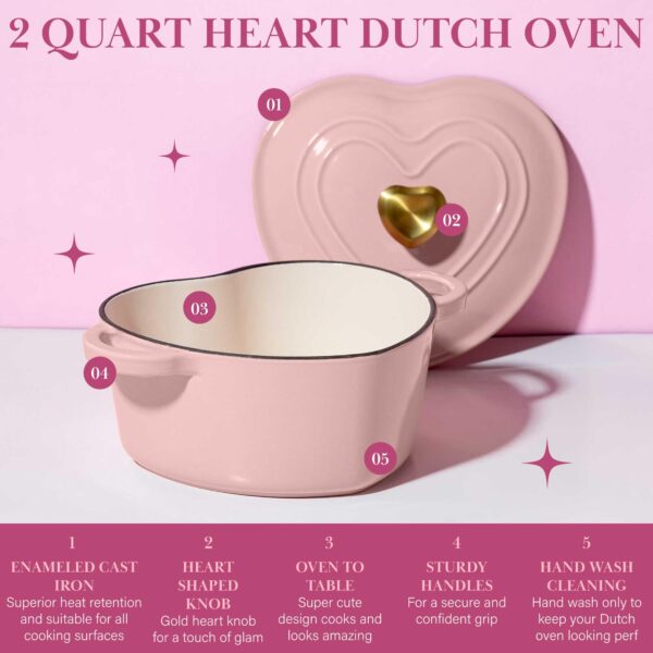 Paris Hilton Enameled Cast Iron Dutch Oven Heart-Shaped Pot with Lid, Dual Handles, Works on All Stovetops, Oven Safe to 500°F, 2-Quart, Pink - Image 5