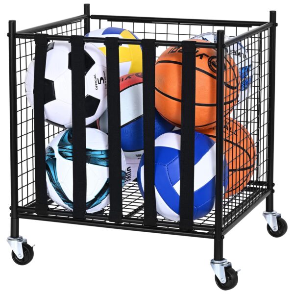 Rolling Sports Ball Storage Cart, Lockable Basketball Cage with Elastic Straps