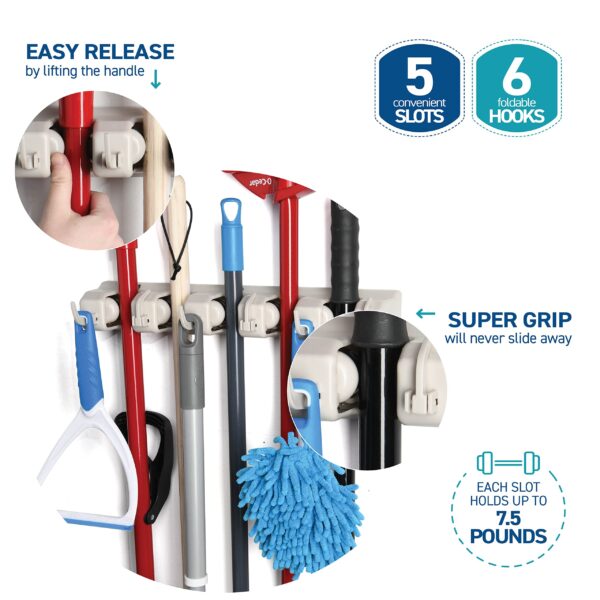 HOME IT Mop And Broom Holder - Garage Storage Systems with 5 Slots, 6 Hooks, 7.5lbs Capacity Per Slot - Garden Tool Organizer For 11 Tools - For Home, Kitchen, Closet, Laundry Room - Off-White - Image 5