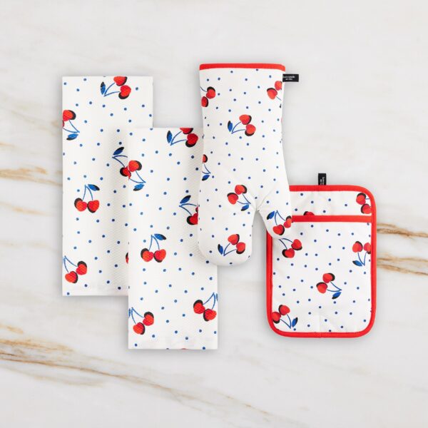 Kate Spade New York Cherry Dot Kitchen Towel, Oven Mitt & Pot Holder 4-Pack Set, 17" x 28", 7" x 13", 7" x 10", White/Red/Blue - Image 8