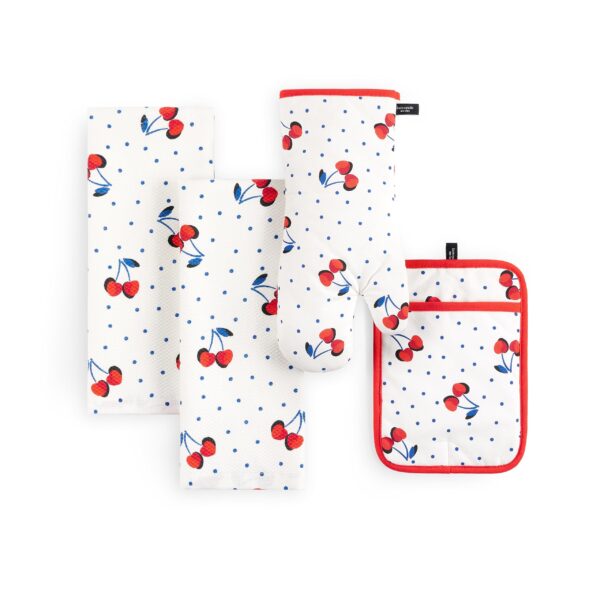 Kate Spade New York Cherry Dot Kitchen Towel, Oven Mitt & Pot Holder 4-Pack Set, 17" x 28", 7" x 13", 7" x 10", White/Red/Blue