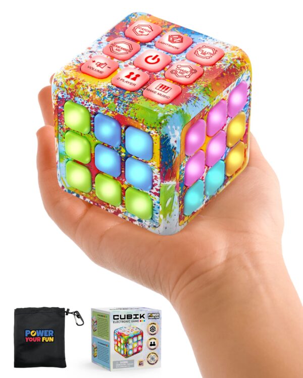 Power Your Fun Cubik LED Flashing Cube Memory Game - Electronic Handheld Game, 5 Brain Memory Games for Kids