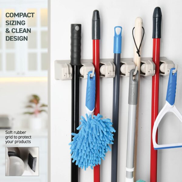 HOME IT Mop And Broom Holder - Garage Storage Systems with 5 Slots, 6 Hooks, 7.5lbs Capacity Per Slot - Garden Tool Organizer For 11 Tools - For Home, Kitchen, Closet, Laundry Room - Off-White - Image 2