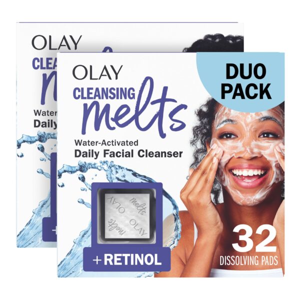 Olay Cleansing Melts + Retinol Face Cleanser, 64 ct. total (2 x 32 ct.), Water-Activated Face Wash to Clean, Tone, and Refresh