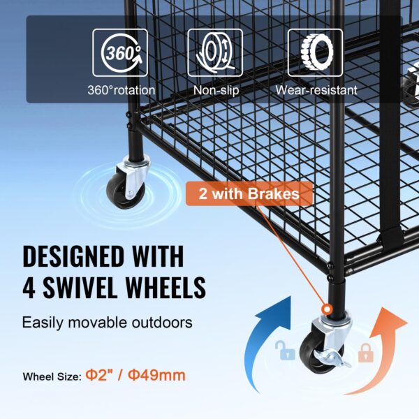 Rolling Sports Ball Storage Cart, Lockable Basketball Cage with Elastic Straps - Image 8