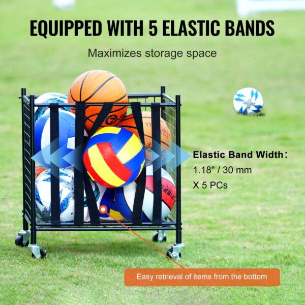 Rolling Sports Ball Storage Cart, Lockable Basketball Cage with Elastic Straps - Image 7