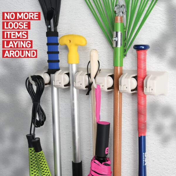 HOME IT Mop And Broom Holder - Garage Storage Systems with 5 Slots, 6 Hooks, 7.5lbs Capacity Per Slot - Garden Tool Organizer For 11 Tools - For Home, Kitchen, Closet, Laundry Room - Off-White - Image 3